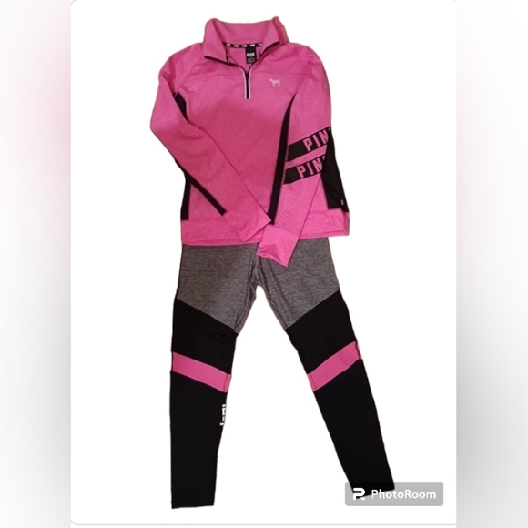 PINK VS Ultimate Half Zip Heathered Hot Pink & Grey Active Top & Leggings Set - Picture 7 of 7
